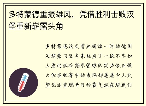 多特蒙德重振雄风，凭借胜利击败汉堡重新崭露头角