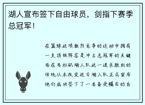 湖人宣布签下自由球员，剑指下赛季总冠军！
