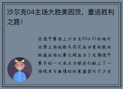 沙尔克04主场大胜美因茨，重返胜利之路！