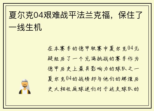 夏尔克04艰难战平法兰克福，保住了一线生机