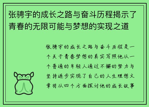 张骋宇的成长之路与奋斗历程揭示了青春的无限可能与梦想的实现之道