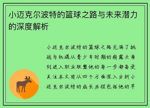 小迈克尔波特的篮球之路与未来潜力的深度解析