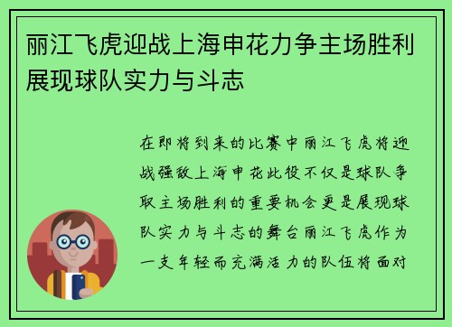 丽江飞虎迎战上海申花力争主场胜利展现球队实力与斗志