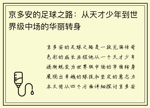 京多安的足球之路：从天才少年到世界级中场的华丽转身