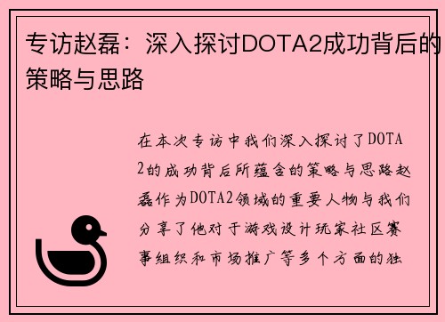 专访赵磊：深入探讨DOTA2成功背后的策略与思路