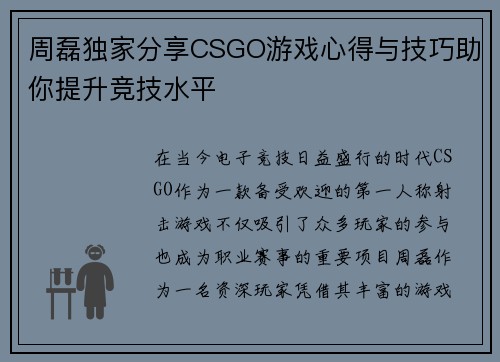 周磊独家分享CSGO游戏心得与技巧助你提升竞技水平