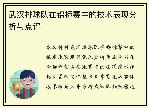 武汉排球队在锦标赛中的技术表现分析与点评